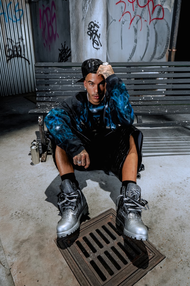 sfera ebbasta timberland collaboration Cinisello Balsamo trap artist italy airbrush metallic boots design style hip-hop rap fans community creativity