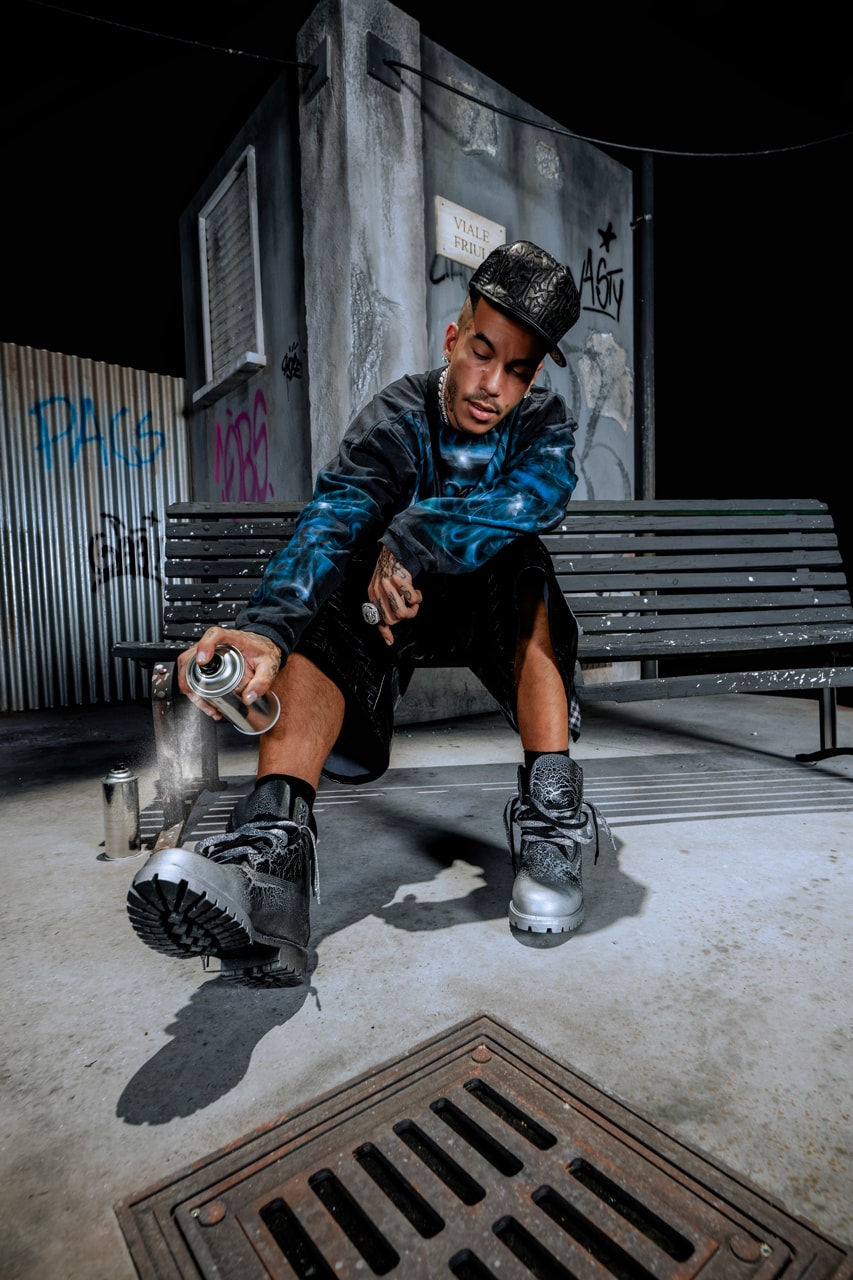 sfera ebbasta timberland collaboration Cinisello Balsamo trap artist italy airbrush metallic boots design style hip-hop rap fans community creativity