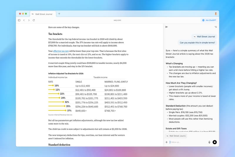 OpenAI ChatGPT Atlas browser running on Mac, highlighting the Ask sidebar, memories, and Agent Mode preview.
