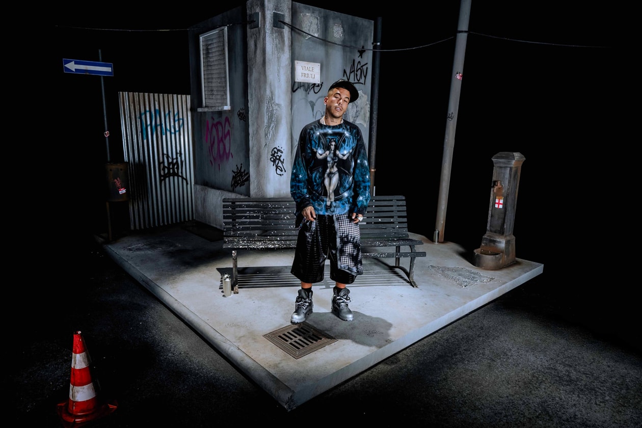 sfera ebbasta timberland collaboration Cinisello Balsamo trap artist italy airbrush metallic boots design style hip-hop rap fans community creativity