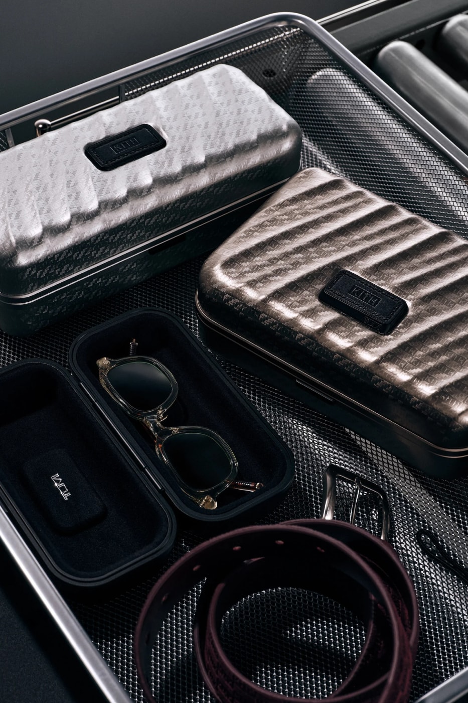 Kith for TUMI 50th Anniversary Collection Release Info 19 Degree Aluminum International Carry On Rolling Trunk Cigar Case Sunglass Case Watch Case Pewter Silver Stadium