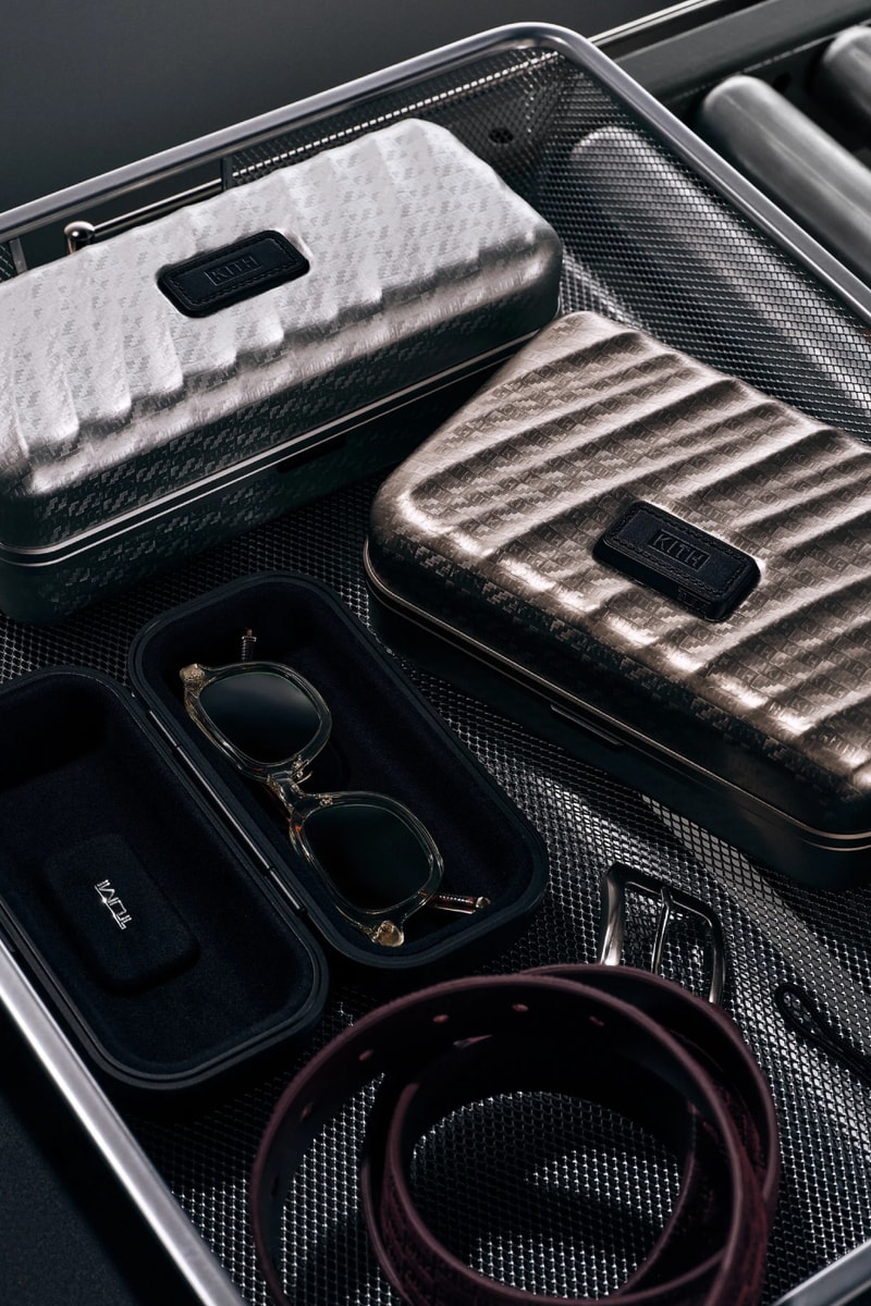 Kith for TUMI 50th Anniversary Collection Release Info 19 Degree Aluminum International Carry On Rolling Trunk Cigar Case Sunglass Case Watch Case Pewter Silver Stadium
