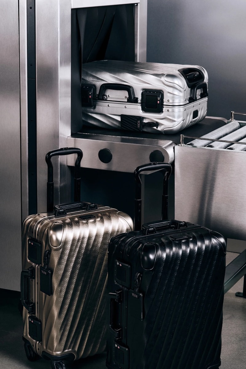 Kith for TUMI 50th Anniversary Collection Release Info 19 Degree Aluminum International Carry On Rolling Trunk Cigar Case Sunglass Case Watch Case Pewter Silver Stadium