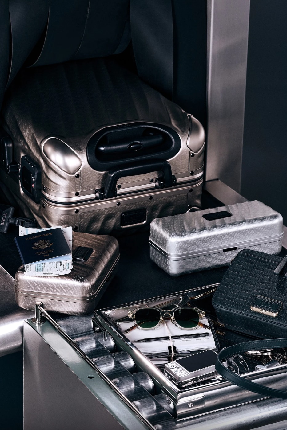 Kith for TUMI 50th Anniversary Collection Release Info 19 Degree Aluminum International Carry On Rolling Trunk Cigar Case Sunglass Case Watch Case Pewter Silver Stadium