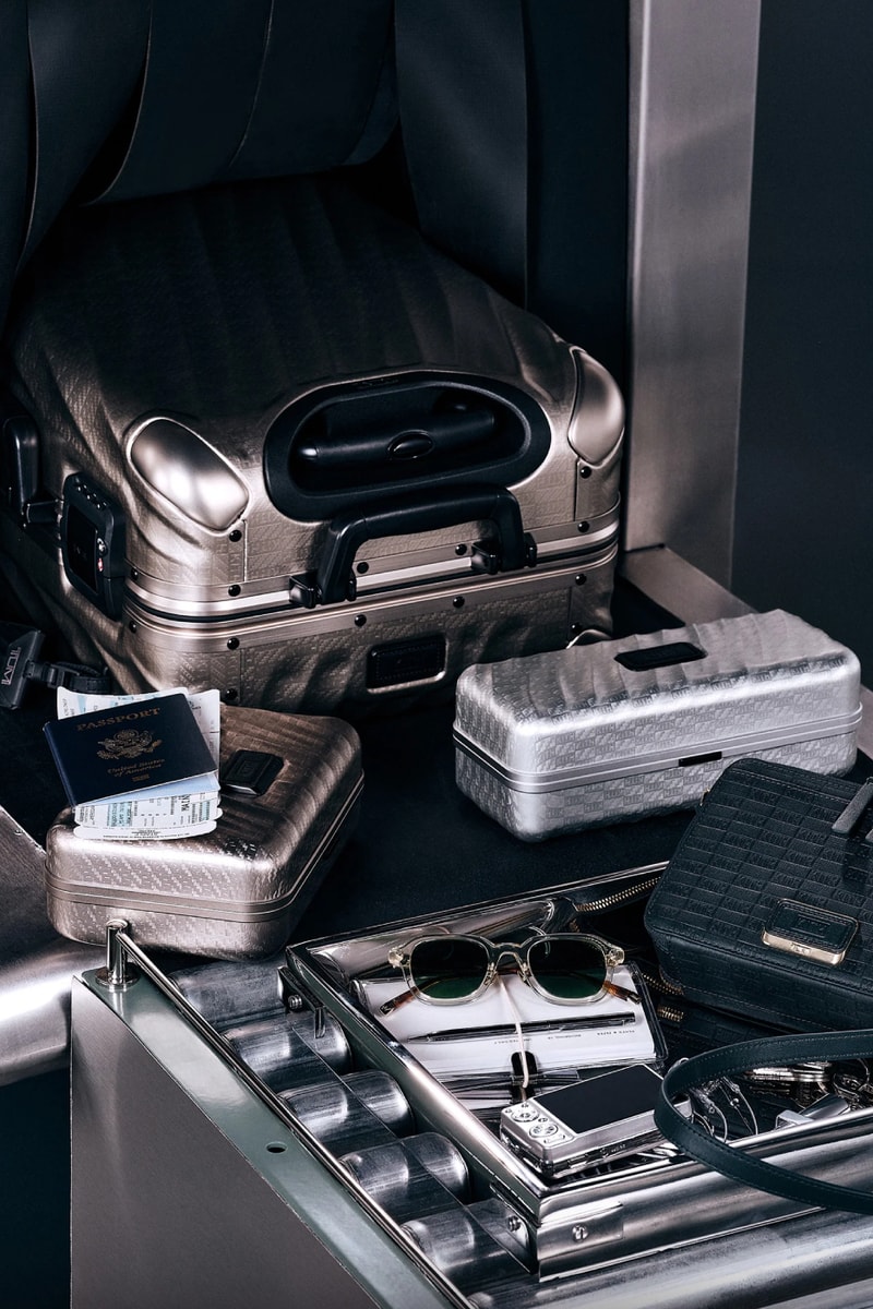 Kith for TUMI 50th Anniversary Collection Release Info 19 Degree Aluminum International Carry On Rolling Trunk Cigar Case Sunglass Case Watch Case Pewter Silver Stadium