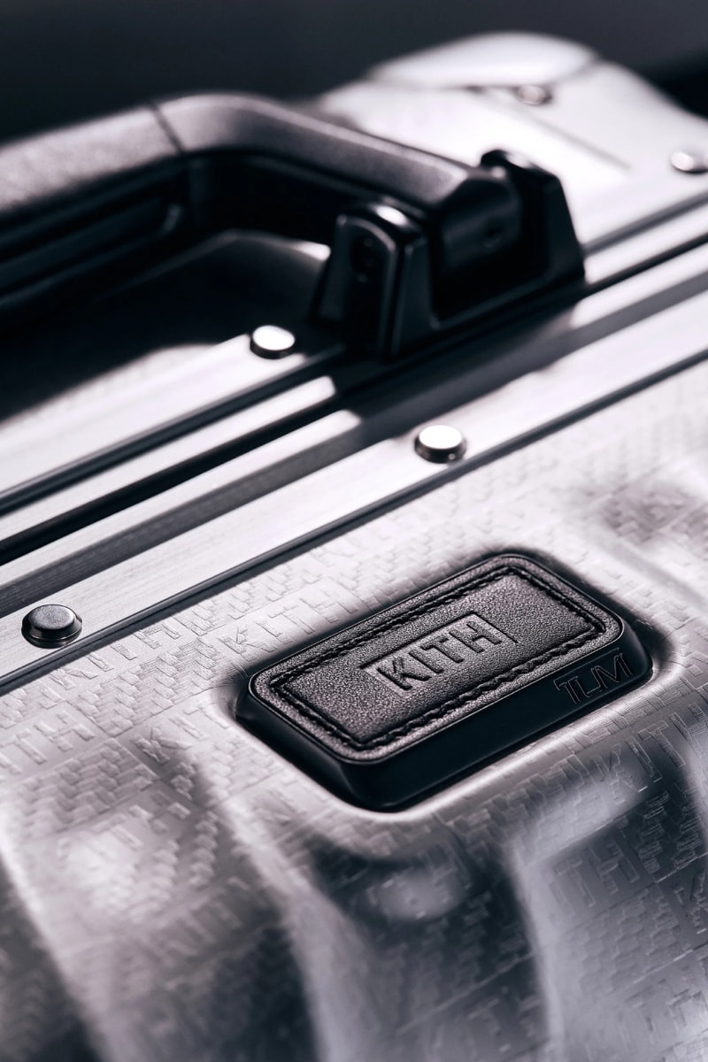 Kith for TUMI 50th Anniversary Collection Release Info 19 Degree Aluminum International Carry On Rolling Trunk Cigar Case Sunglass Case Watch Case Pewter Silver Stadium