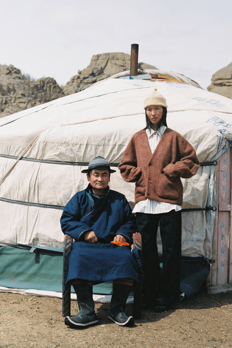 Mongolian steppe A Kind Of Guise's FW25 collection, Altai Mirage, Artist Jonathan Niclaus, Italian cotton corduroy, lambswool and hairy wool blends, purple dragon emblem,Dragon Wool Jacket and the Khivs Pullover.