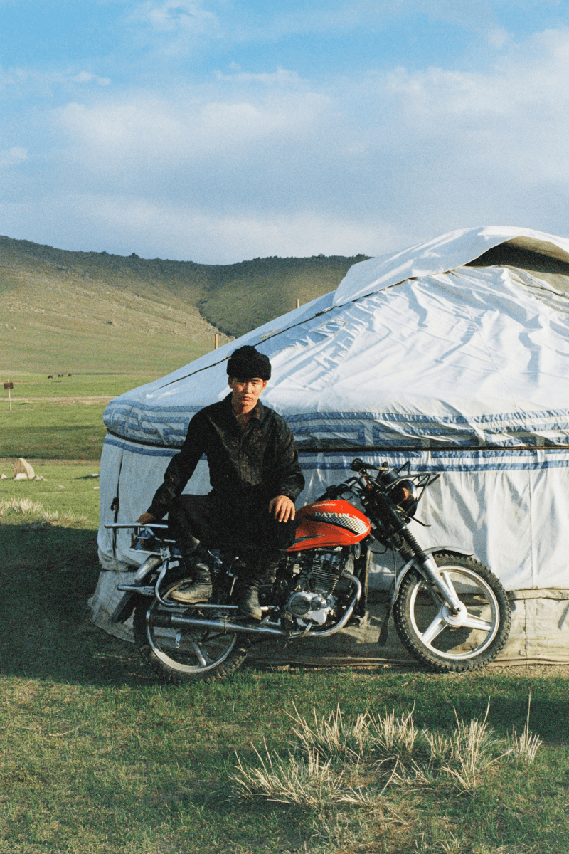 Mongolian steppe A Kind Of Guise's FW25 collection, Altai Mirage, Artist Jonathan Niclaus, Italian cotton corduroy, lambswool and hairy wool blends, purple dragon emblem,Dragon Wool Jacket and the Khivs Pullover.