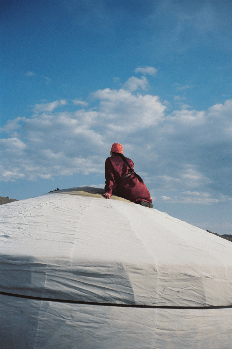 Mongolian steppe A Kind Of Guise's FW25 collection, Altai Mirage, Artist Jonathan Niclaus, Italian cotton corduroy, lambswool and hairy wool blends, purple dragon emblem,Dragon Wool Jacket and the Khivs Pullover.