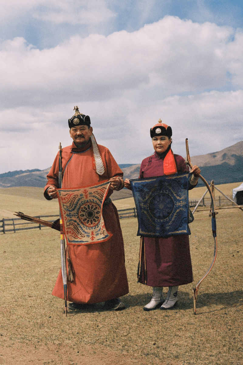 Mongolian steppe A Kind Of Guise's FW25 collection, Altai Mirage, Artist Jonathan Niclaus, Italian cotton corduroy, lambswool and hairy wool blends, purple dragon emblem,Dragon Wool Jacket and the Khivs Pullover.