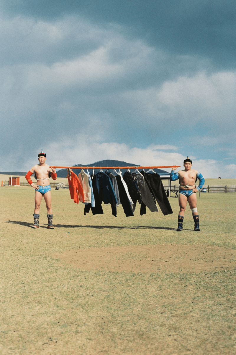 Mongolian steppe A Kind Of Guise's FW25 collection, Altai Mirage, Artist Jonathan Niclaus, Italian cotton corduroy, lambswool and hairy wool blends, purple dragon emblem,Dragon Wool Jacket and the Khivs Pullover.