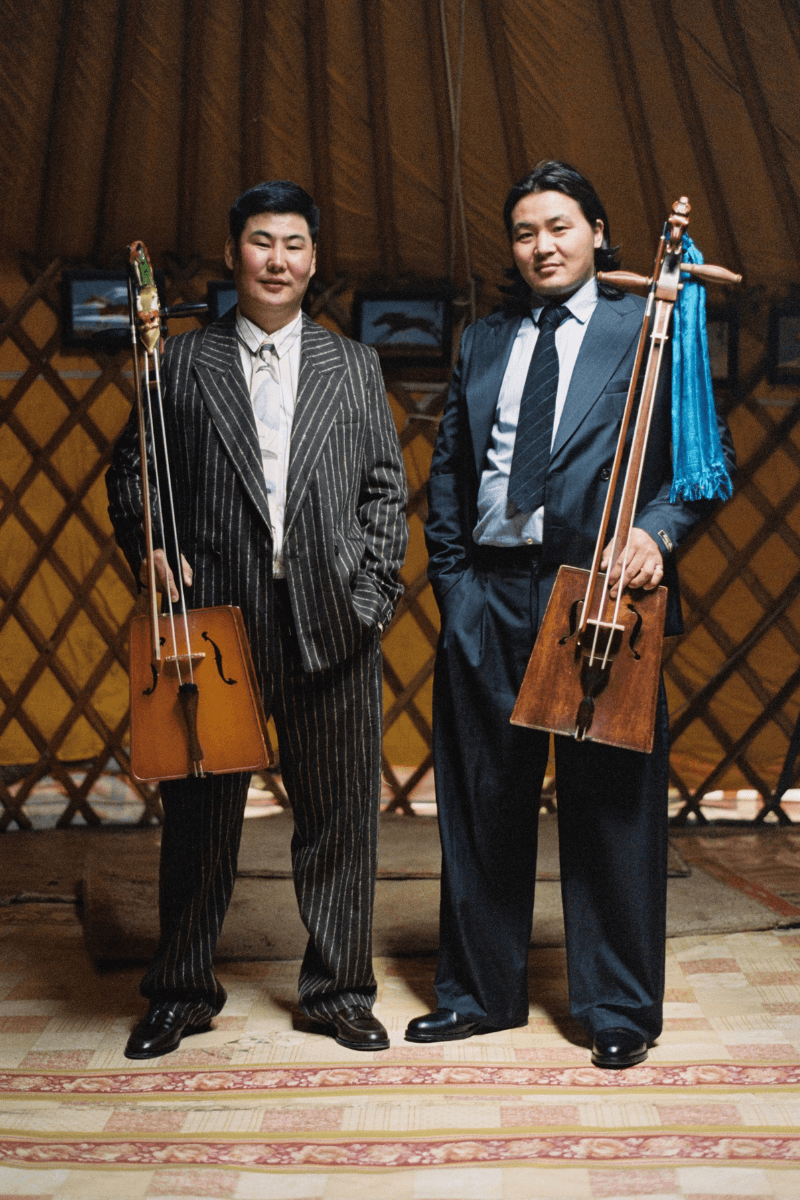 Mongolian steppe A Kind Of Guise's FW25 collection, Altai Mirage, Artist Jonathan Niclaus, Italian cotton corduroy, lambswool and hairy wool blends, purple dragon emblem,Dragon Wool Jacket and the Khivs Pullover.