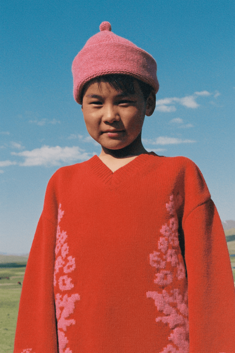 Mongolian steppe A Kind Of Guise's FW25 collection, Altai Mirage, Artist Jonathan Niclaus, Italian cotton corduroy, lambswool and hairy wool blends, purple dragon emblem,Dragon Wool Jacket and the Khivs Pullover.