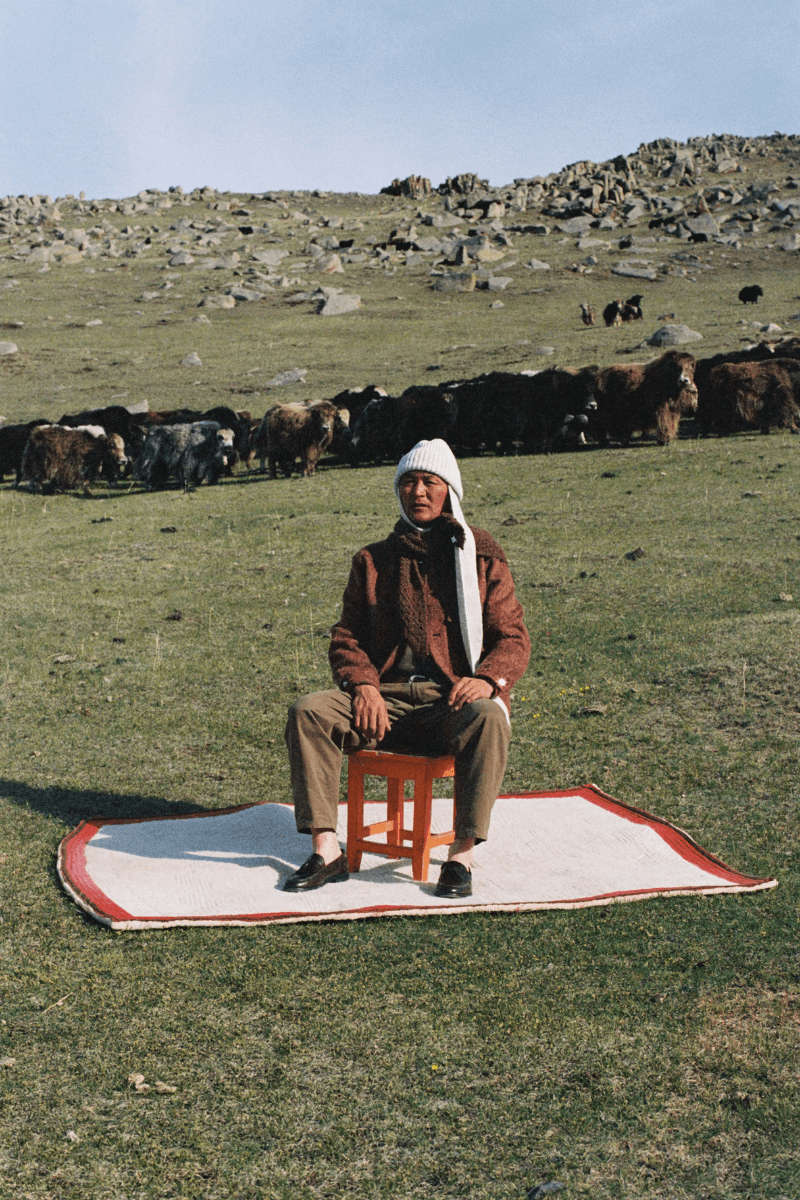 Mongolian steppe A Kind Of Guise's FW25 collection, Altai Mirage, Artist Jonathan Niclaus, Italian cotton corduroy, lambswool and hairy wool blends, purple dragon emblem,Dragon Wool Jacket and the Khivs Pullover.