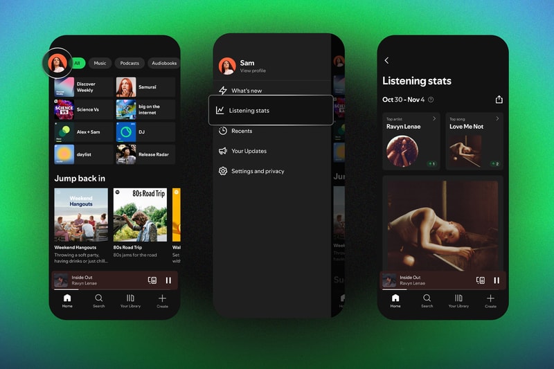 Spotify Listening Stats screen showing top artists and songs with shareable highlights and playlists