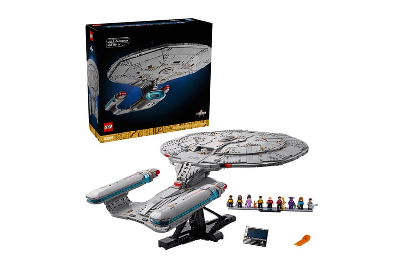 LEGO Icons Star Trek: U.S.S. Enterprise NCC-1701-D with nine TNG minifigures arranged on an angled display stand