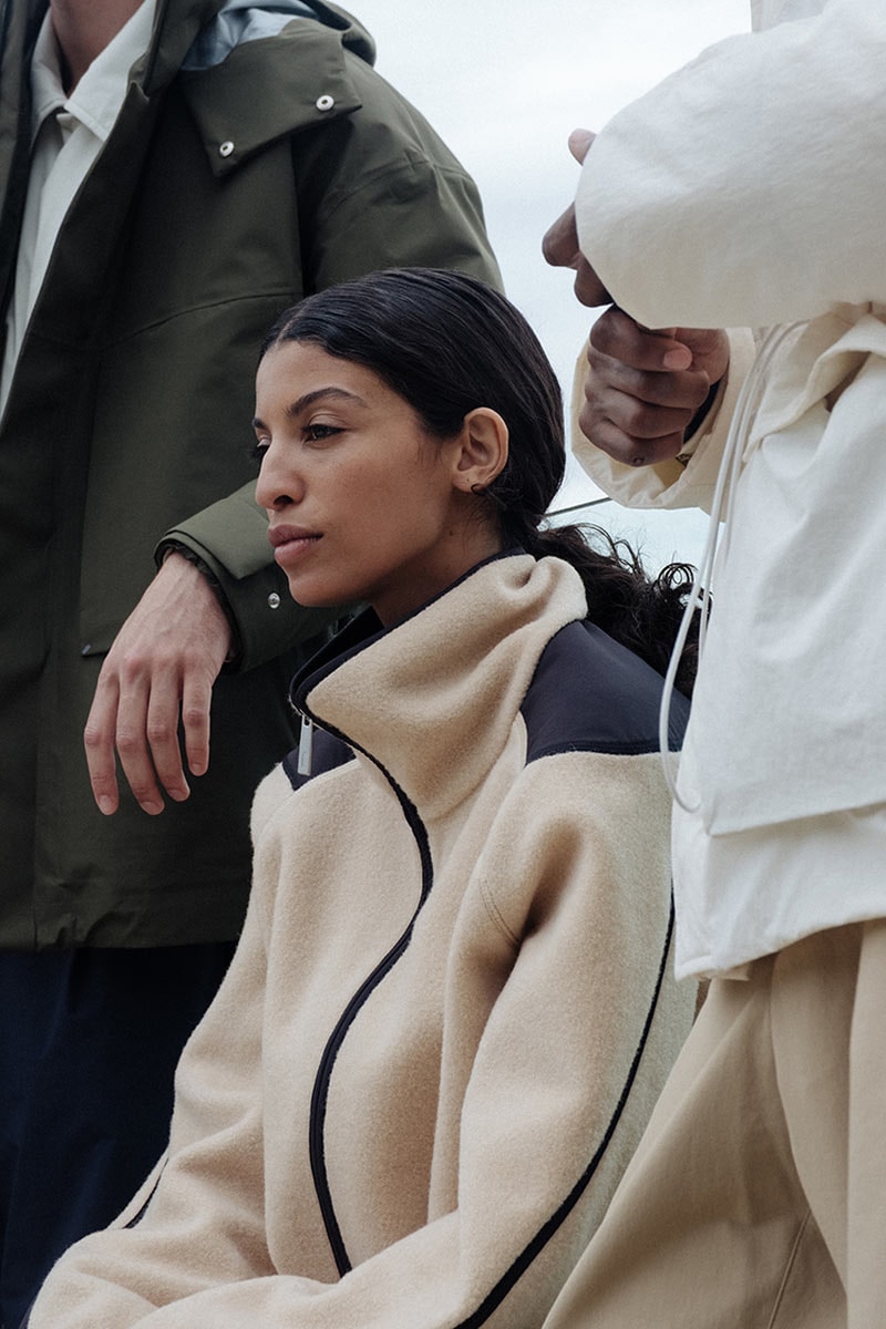 laminar herno lifestyle fall winter 2025 goretex technical parka bomber Miftha Bahardeen campaign Italian ripstop nylon shirt jacket midi skirt cap hat 