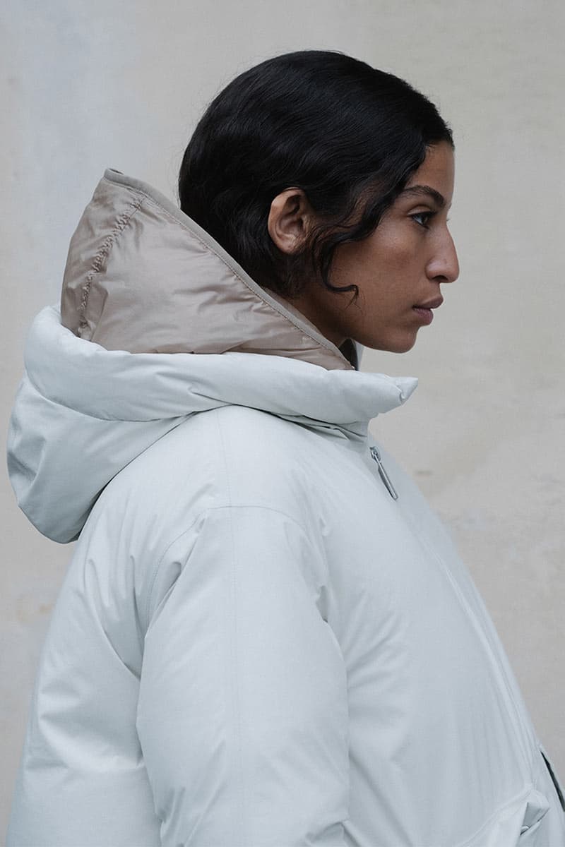 laminar herno lifestyle fall winter 2025 goretex technical parka bomber Miftha Bahardeen campaign Italian ripstop nylon shirt jacket midi skirt cap hat 