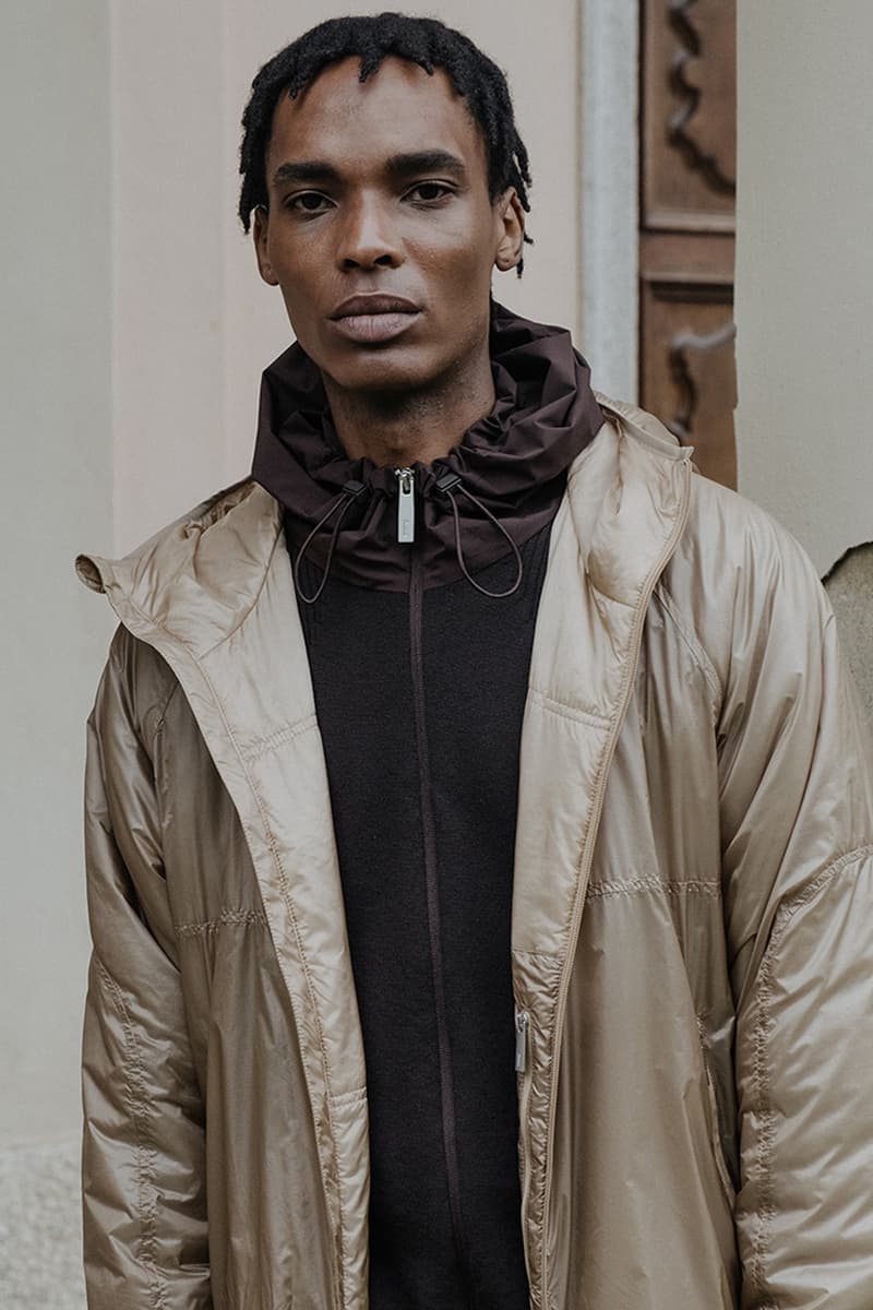 laminar herno lifestyle fall winter 2025 goretex technical parka bomber Miftha Bahardeen campaign Italian ripstop nylon shirt jacket midi skirt cap hat 