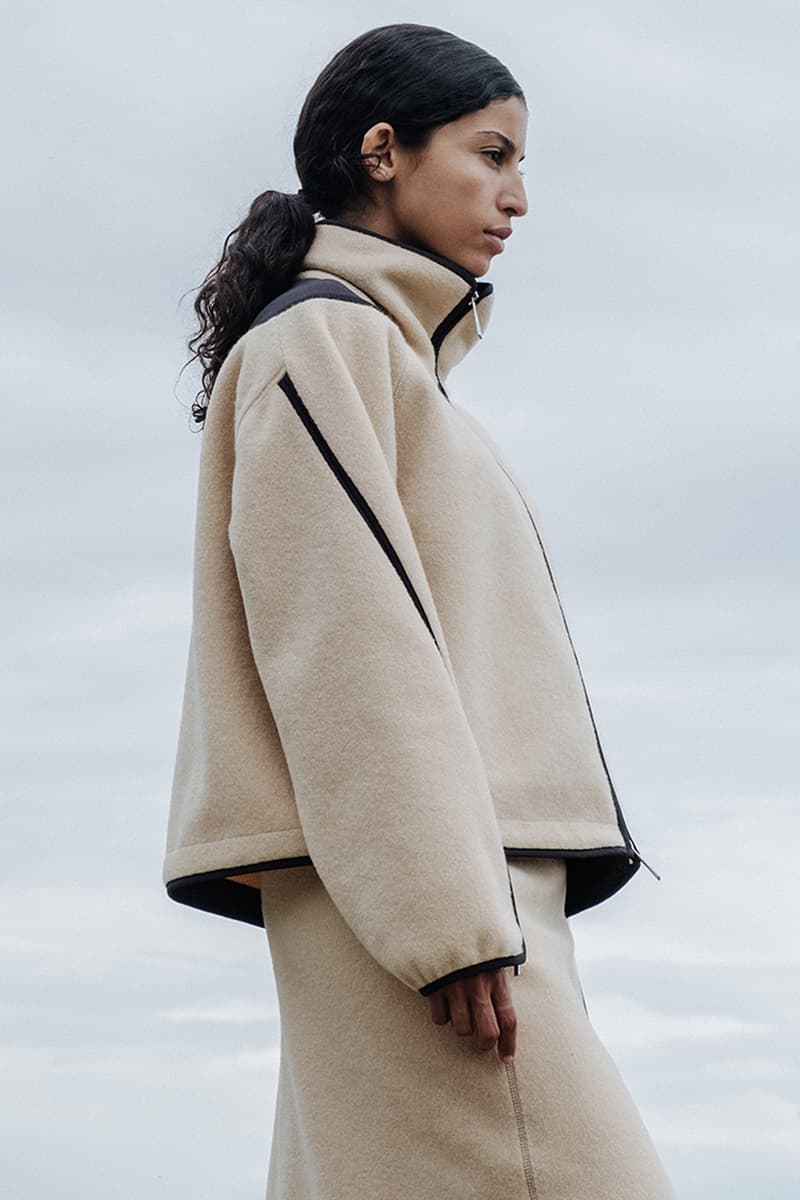 laminar herno lifestyle fall winter 2025 goretex technical parka bomber Miftha Bahardeen campaign Italian ripstop nylon shirt jacket midi skirt cap hat 