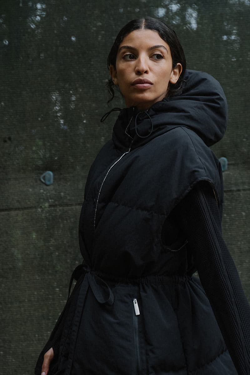 laminar herno lifestyle fall winter 2025 goretex technical parka bomber Miftha Bahardeen campaign Italian ripstop nylon shirt jacket midi skirt cap hat 