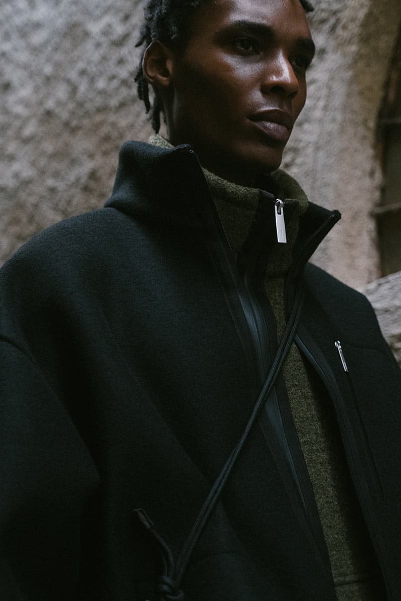 laminar herno lifestyle fall winter 2025 goretex technical parka bomber Miftha Bahardeen campaign Italian ripstop nylon shirt jacket midi skirt cap hat 