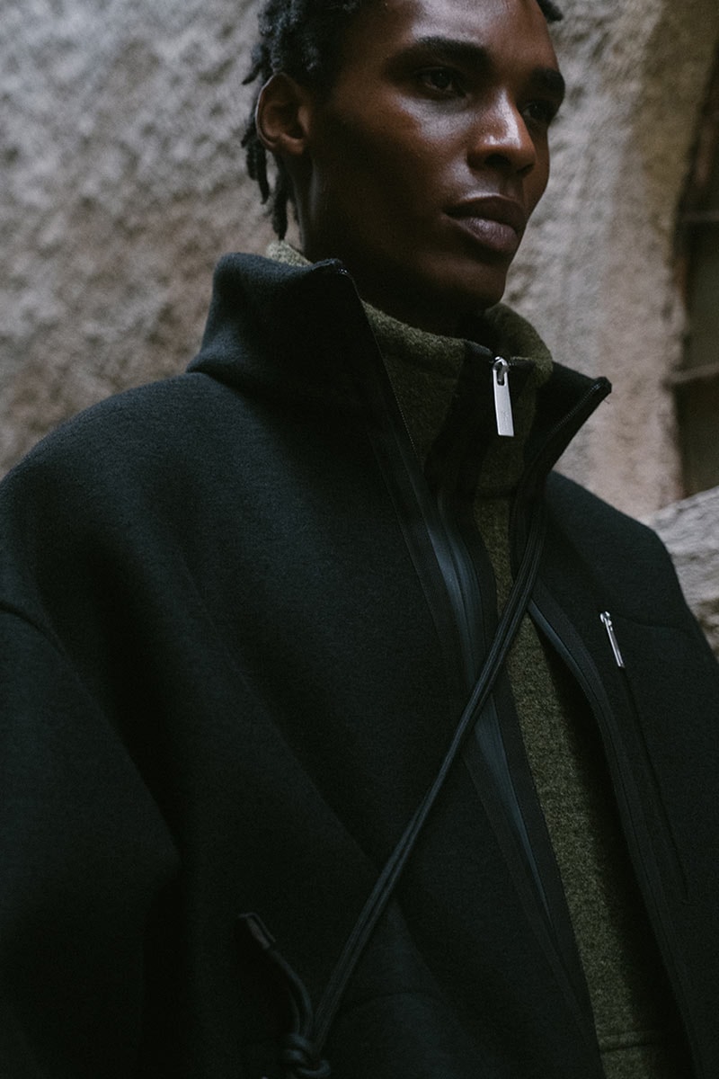 laminar herno lifestyle fall winter 2025 goretex technical parka bomber Miftha Bahardeen campaign Italian ripstop nylon shirt jacket midi skirt cap hat 