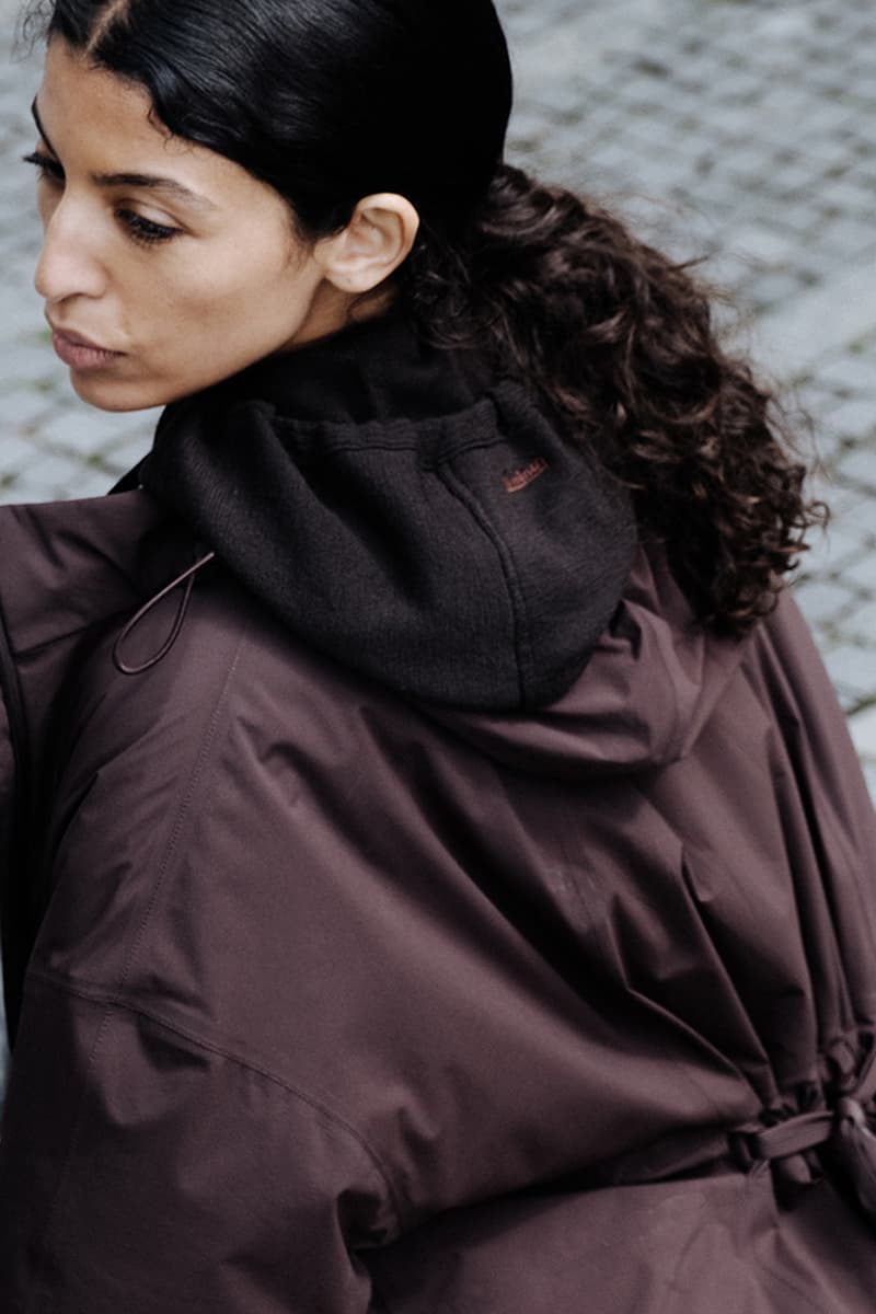 laminar herno lifestyle fall winter 2025 goretex technical parka bomber Miftha Bahardeen campaign Italian ripstop nylon shirt jacket midi skirt cap hat 