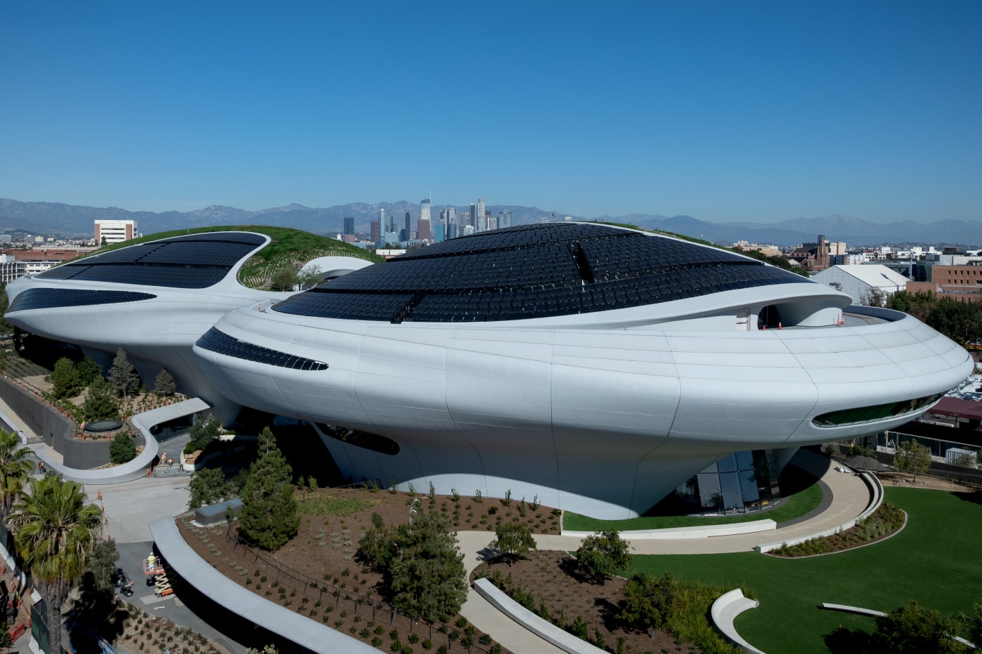Exterior of the Lucas Museum of Narrative Art by Ma Yansong’s MAD, set in Los Angeles’ Exposition Park.