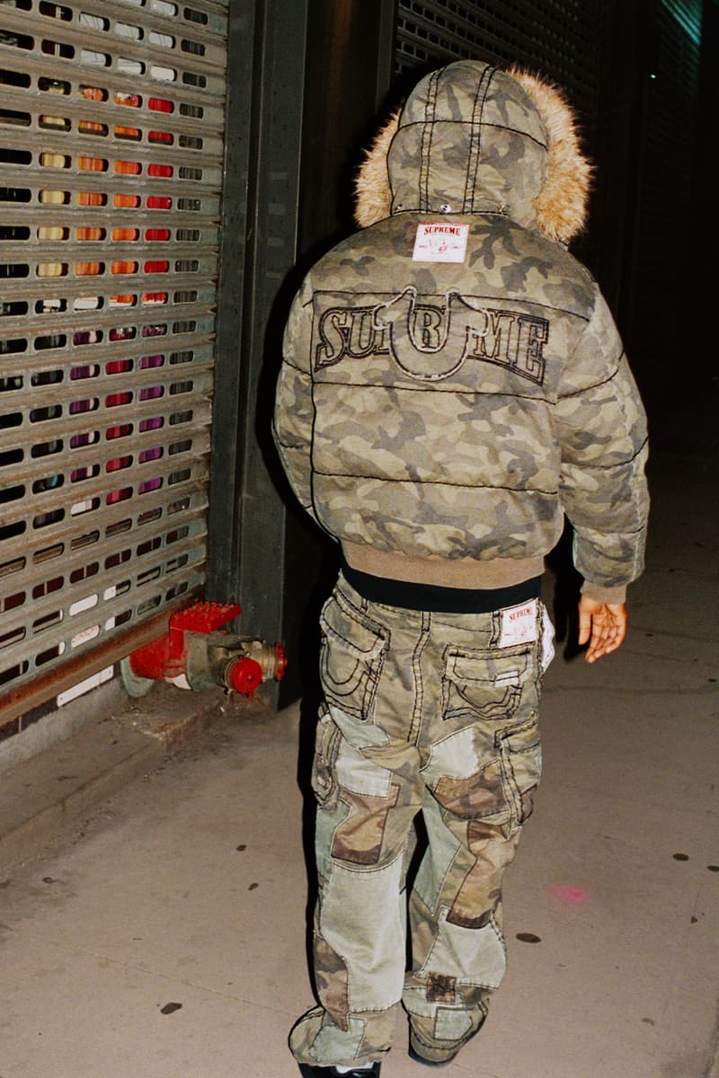 Supreme x True Religion Fall 2025 Collaboration denim jeans release info Leather Trucker Jacket, Puffer Jacket, L/S Shirt, Polo, Zip Up Hooded Sweatshirt, Leather Pant, Cargo Pant, Sweatpant, Earflap 5-Panel, 6-Panel and Beanie