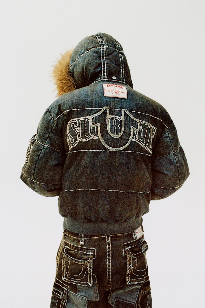 Supreme x True Religion Fall 2025 Collaboration denim jeans release info Leather Trucker Jacket, Puffer Jacket, L/S Shirt, Polo, Zip Up Hooded Sweatshirt, Leather Pant, Cargo Pant, Sweatpant, Earflap 5-Panel, 6-Panel and Beanie