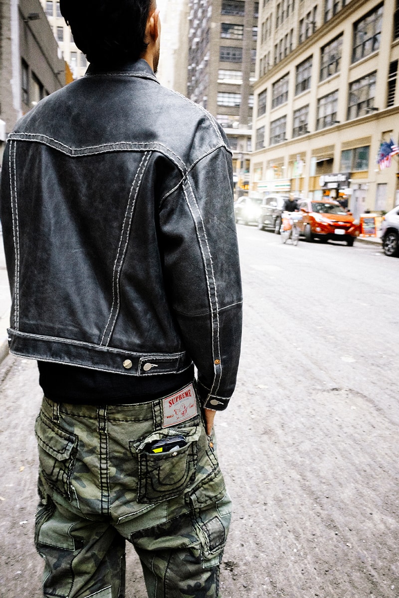 Supreme x True Religion Fall 2025 Collaboration denim jeans release info Leather Trucker Jacket, Puffer Jacket, L/S Shirt, Polo, Zip Up Hooded Sweatshirt, Leather Pant, Cargo Pant, Sweatpant, Earflap 5-Panel, 6-Panel and Beanie