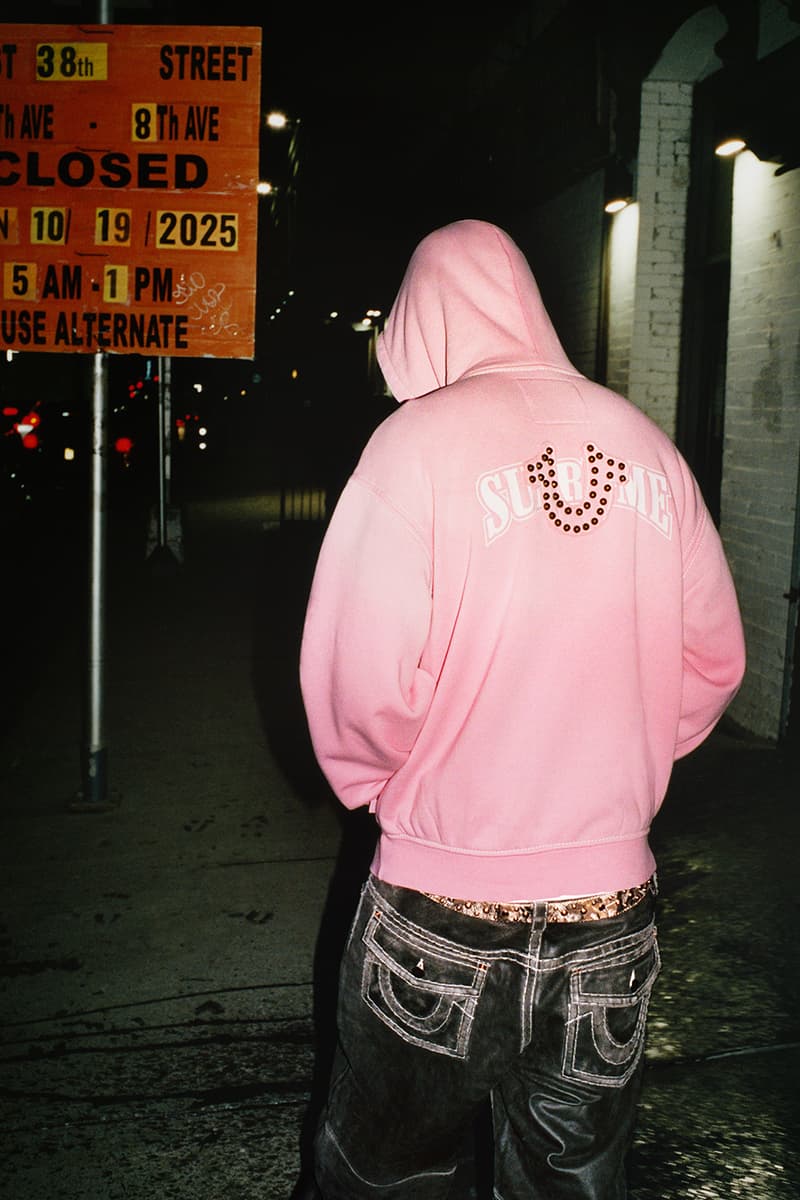 Supreme x True Religion Fall 2025 Collaboration denim jeans release info Leather Trucker Jacket, Puffer Jacket, L/S Shirt, Polo, Zip Up Hooded Sweatshirt, Leather Pant, Cargo Pant, Sweatpant, Earflap 5-Panel, 6-Panel and Beanie
