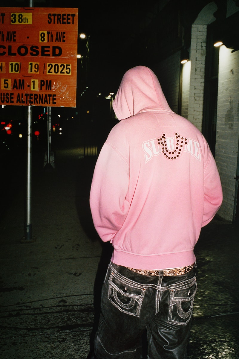 Supreme x True Religion Fall 2025 Collaboration denim jeans release info Leather Trucker Jacket, Puffer Jacket, L/S Shirt, Polo, Zip Up Hooded Sweatshirt, Leather Pant, Cargo Pant, Sweatpant, Earflap 5-Panel, 6-Panel and Beanie