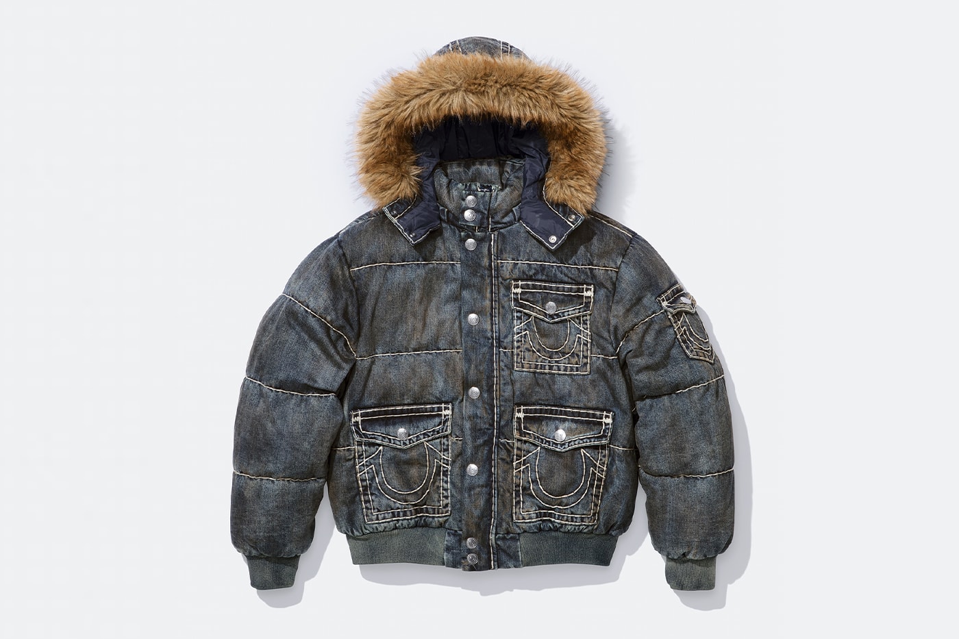 Supreme x True Religion Fall 2025 Collaboration denim jeans release info Leather Trucker Jacket, Puffer Jacket, L/S Shirt, Polo, Zip Up Hooded Sweatshirt, Leather Pant, Cargo Pant, Sweatpant, Earflap 5-Panel, 6-Panel and Beanie
