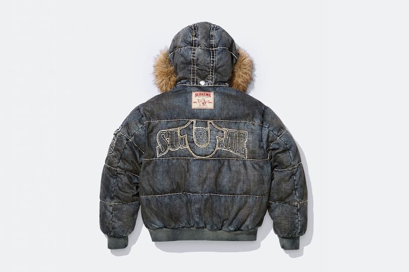 Supreme x True Religion Fall 2025 Collaboration denim jeans release info Leather Trucker Jacket, Puffer Jacket, L/S Shirt, Polo, Zip Up Hooded Sweatshirt, Leather Pant, Cargo Pant, Sweatpant, Earflap 5-Panel, 6-Panel and Beanie