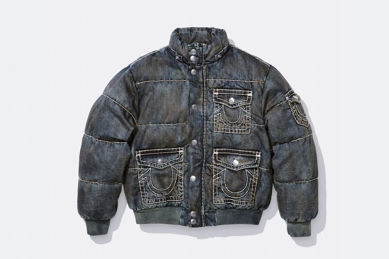 Supreme x True Religion Fall 2025 Collaboration denim jeans release info Leather Trucker Jacket, Puffer Jacket, L/S Shirt, Polo, Zip Up Hooded Sweatshirt, Leather Pant, Cargo Pant, Sweatpant, Earflap 5-Panel, 6-Panel and Beanie