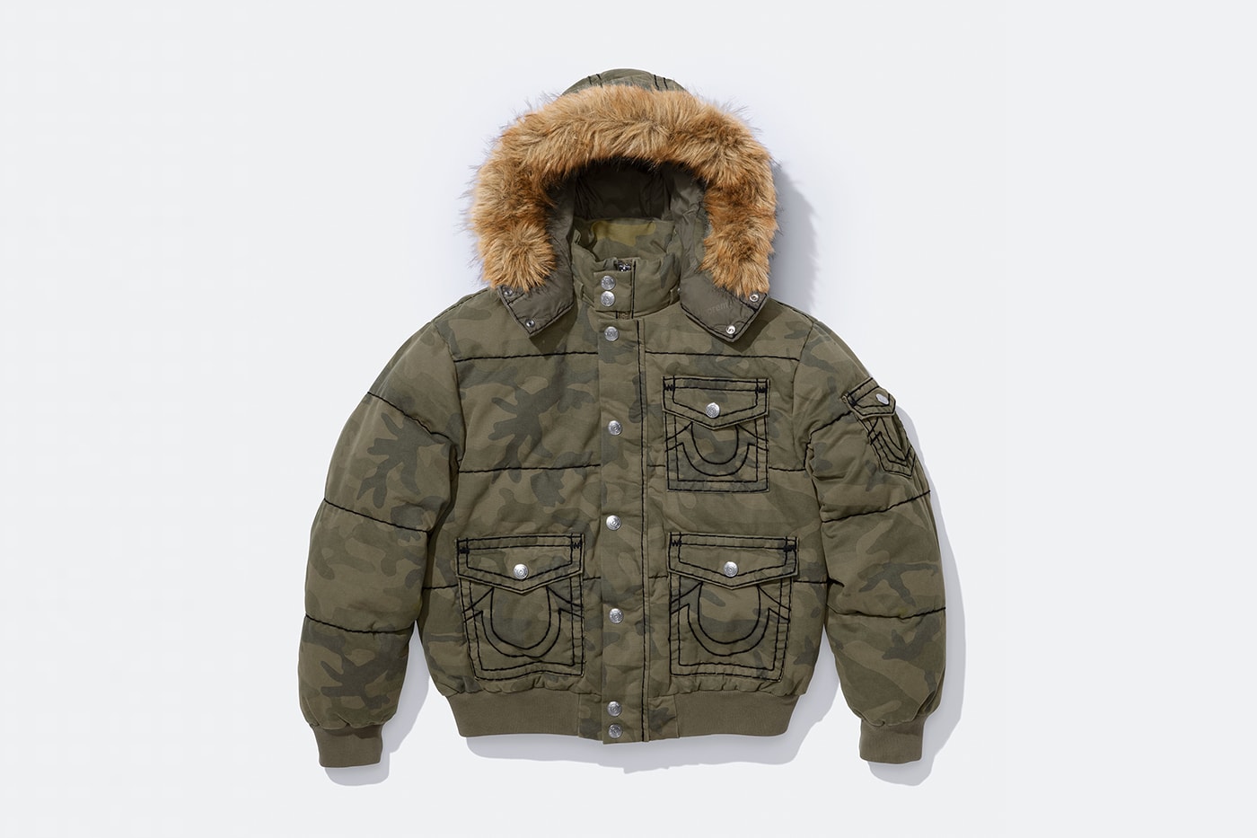 Supreme x True Religion Fall 2025 Collaboration denim jeans release info Leather Trucker Jacket, Puffer Jacket, L/S Shirt, Polo, Zip Up Hooded Sweatshirt, Leather Pant, Cargo Pant, Sweatpant, Earflap 5-Panel, 6-Panel and Beanie