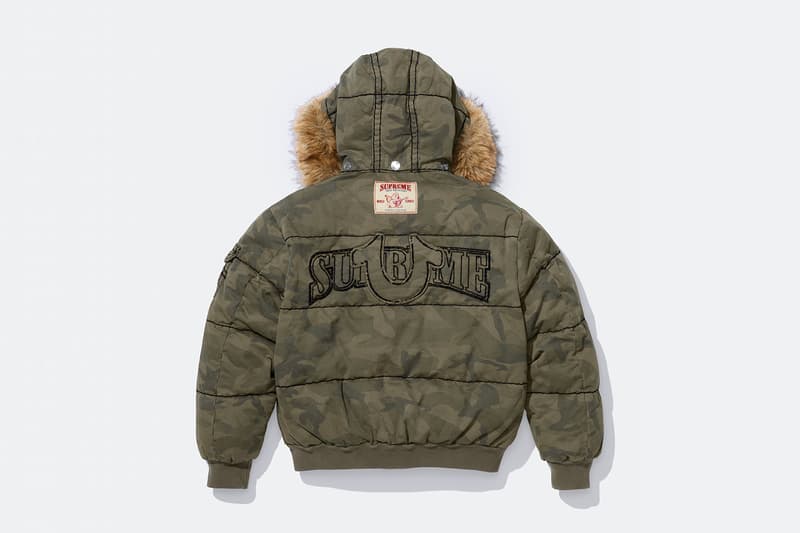 Supreme x True Religion Fall 2025 Collaboration denim jeans release info Leather Trucker Jacket, Puffer Jacket, L/S Shirt, Polo, Zip Up Hooded Sweatshirt, Leather Pant, Cargo Pant, Sweatpant, Earflap 5-Panel, 6-Panel and Beanie