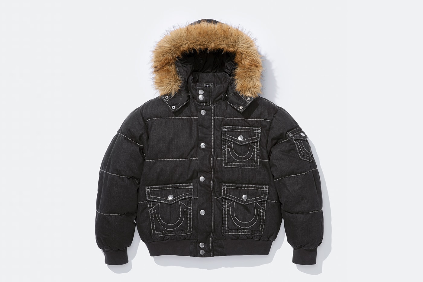 Supreme x True Religion Fall 2025 Collaboration denim jeans release info Leather Trucker Jacket, Puffer Jacket, L/S Shirt, Polo, Zip Up Hooded Sweatshirt, Leather Pant, Cargo Pant, Sweatpant, Earflap 5-Panel, 6-Panel and Beanie