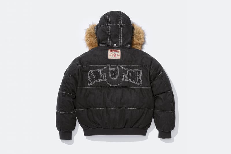Supreme x True Religion Fall 2025 Collaboration denim jeans release info Leather Trucker Jacket, Puffer Jacket, L/S Shirt, Polo, Zip Up Hooded Sweatshirt, Leather Pant, Cargo Pant, Sweatpant, Earflap 5-Panel, 6-Panel and Beanie
