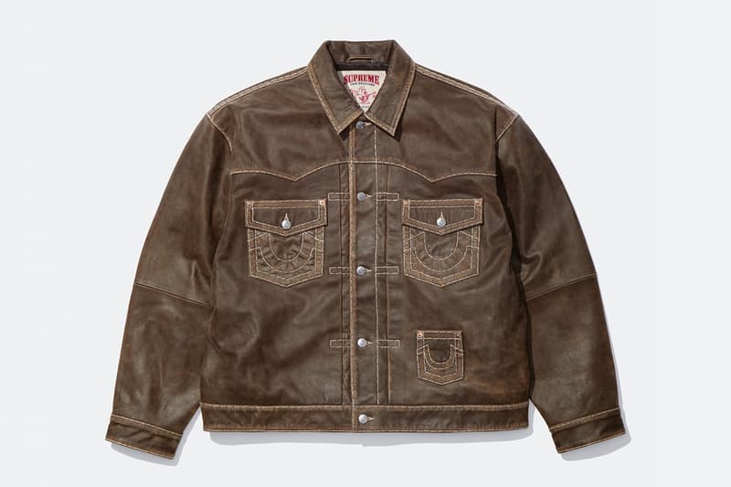 Supreme x True Religion Fall 2025 Collaboration denim jeans release info Leather Trucker Jacket, Puffer Jacket, L/S Shirt, Polo, Zip Up Hooded Sweatshirt, Leather Pant, Cargo Pant, Sweatpant, Earflap 5-Panel, 6-Panel and Beanie