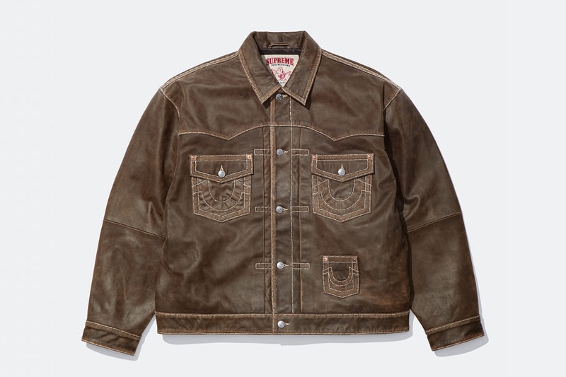 Supreme x True Religion Fall 2025 Collaboration denim jeans release info Leather Trucker Jacket, Puffer Jacket, L/S Shirt, Polo, Zip Up Hooded Sweatshirt, Leather Pant, Cargo Pant, Sweatpant, Earflap 5-Panel, 6-Panel and Beanie