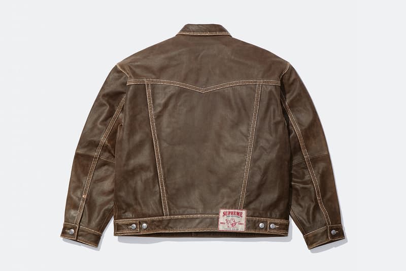 Supreme x True Religion Fall 2025 Collaboration denim jeans release info Leather Trucker Jacket, Puffer Jacket, L/S Shirt, Polo, Zip Up Hooded Sweatshirt, Leather Pant, Cargo Pant, Sweatpant, Earflap 5-Panel, 6-Panel and Beanie
