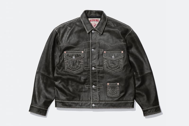 Supreme x True Religion Fall 2025 Collaboration denim jeans release info Leather Trucker Jacket, Puffer Jacket, L/S Shirt, Polo, Zip Up Hooded Sweatshirt, Leather Pant, Cargo Pant, Sweatpant, Earflap 5-Panel, 6-Panel and Beanie