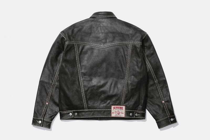 Supreme x True Religion Fall 2025 Collaboration denim jeans release info Leather Trucker Jacket, Puffer Jacket, L/S Shirt, Polo, Zip Up Hooded Sweatshirt, Leather Pant, Cargo Pant, Sweatpant, Earflap 5-Panel, 6-Panel and Beanie