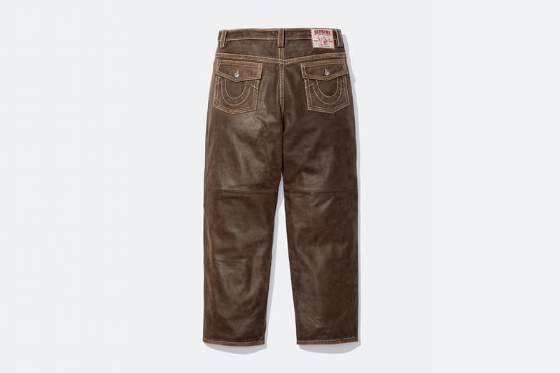 Supreme x True Religion Fall 2025 Collaboration denim jeans release info Leather Trucker Jacket, Puffer Jacket, L/S Shirt, Polo, Zip Up Hooded Sweatshirt, Leather Pant, Cargo Pant, Sweatpant, Earflap 5-Panel, 6-Panel and Beanie