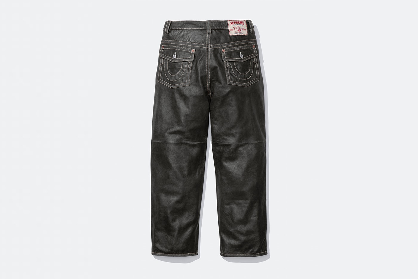 Supreme x True Religion Fall 2025 Collaboration denim jeans release info Leather Trucker Jacket, Puffer Jacket, L/S Shirt, Polo, Zip Up Hooded Sweatshirt, Leather Pant, Cargo Pant, Sweatpant, Earflap 5-Panel, 6-Panel and Beanie