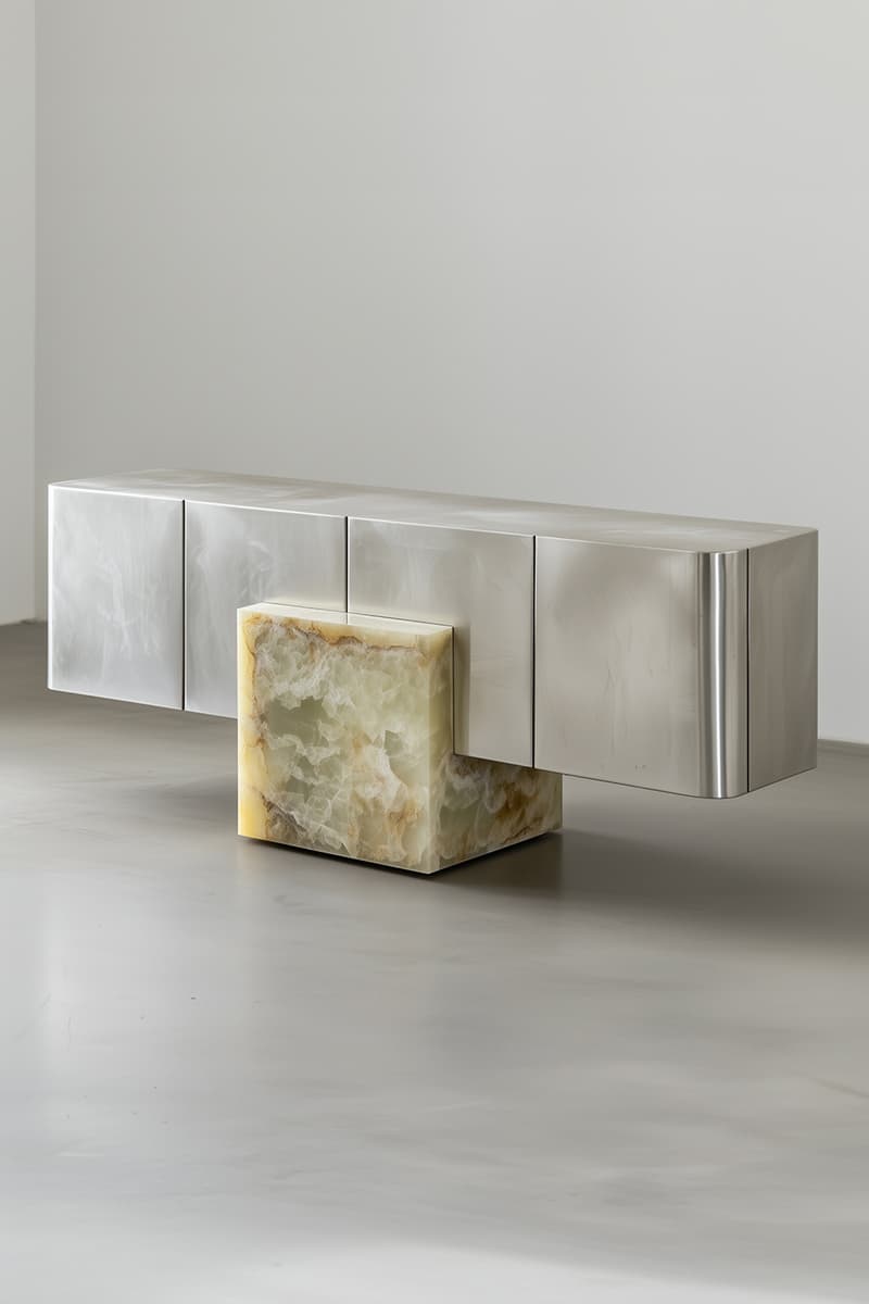 Slash Objects “Between the Lightness and the Darkness” Furniture design Coexist Credenza Aluminum Green Onyx Coexist Bench  Stainless Steel Coexist Mirror Green Onyx  Adri Chair Stainless Steel  
