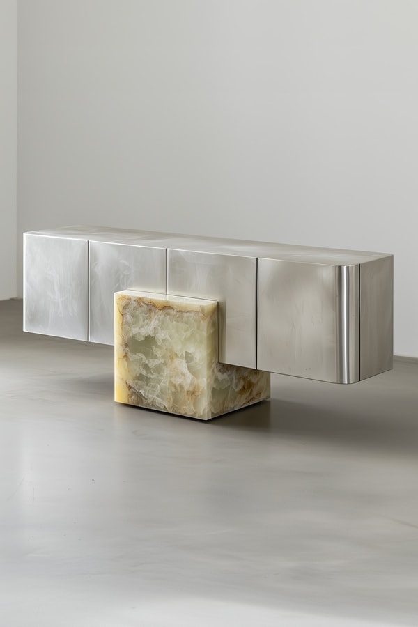 Slash Objects “Between the Lightness and the Darkness” Furniture design Coexist Credenza Aluminum Green Onyx Coexist Bench  Stainless Steel Coexist Mirror Green Onyx  Adri Chair Stainless Steel  